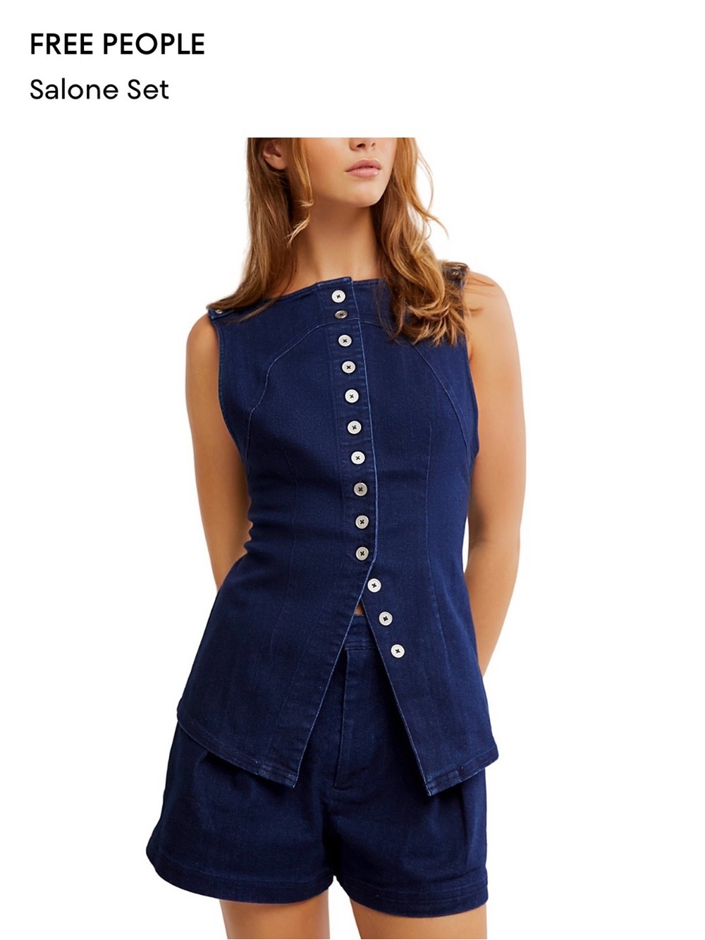 Free People Navy Button-Front Denim Tank & Shorts Set